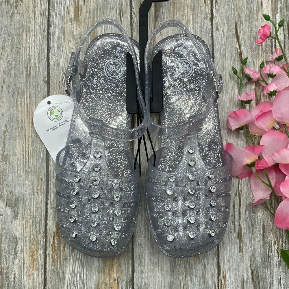 Little Girl's Crystal Jelly Silver Glitter Studded Sandals Shoes Size 2